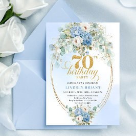 Convite Modern Dusty Blue Peonies 70th Birthday Invitation