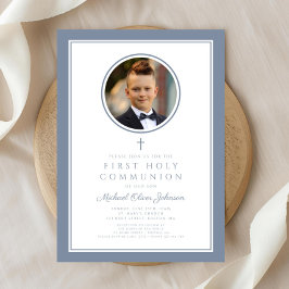 Convite Modern Dusty Blue Photo Boy First Communion