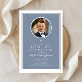 Convite Modern Dusty Blue Photo Boy First Communion