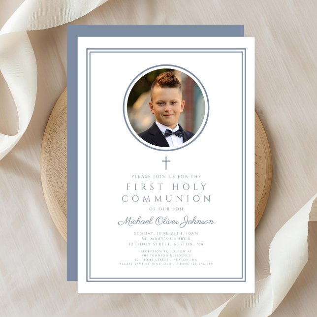 Convite Modern Dusty Blue Photo Boy First Holy Communion (Modern Dusty Blue Photo Boy First Holy Communion Invitation
)
