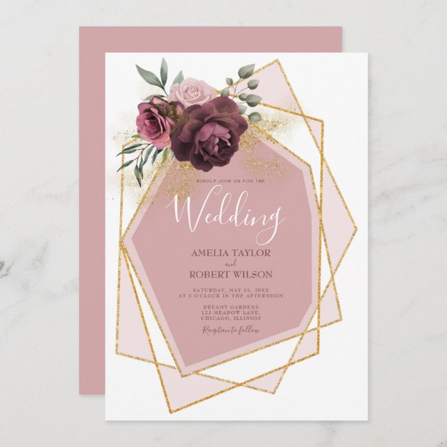 Convite Modern Dusty Rosa Floral Dourado Geométrico (Frente/Verso)
