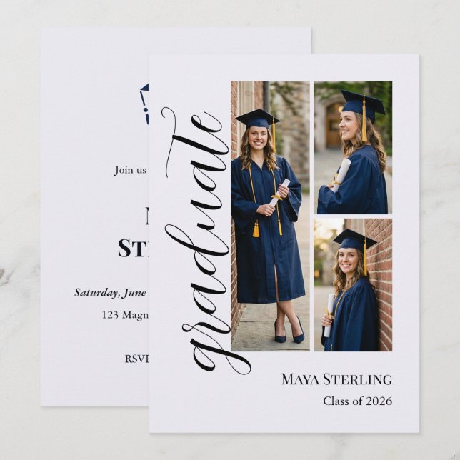 Convite Modern Editorial Script Multi-Photo Graduation  (Frente/Verso)