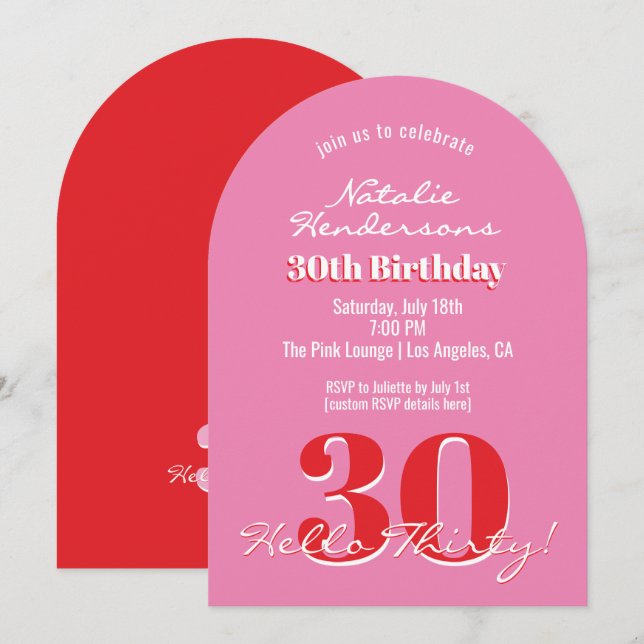 Convite Modern Elegant 30th Birthday Pink Red Minimalist  (Frente/Verso)