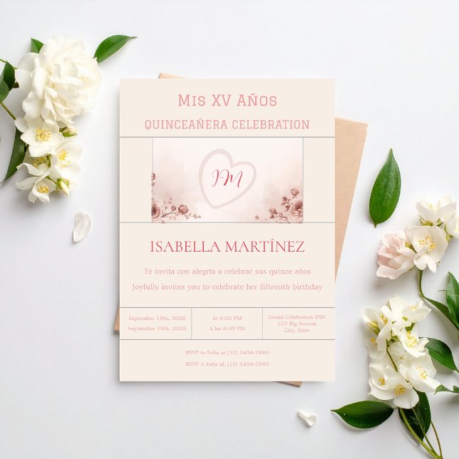 Convite Modern Elegant Bilingual Quinceanera Birthday (Criador carregado)