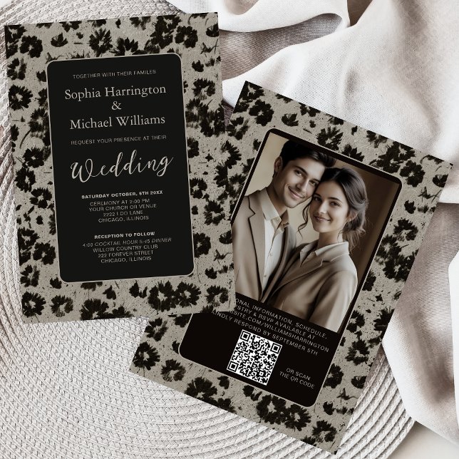 Convite Modern Elegant Black Silver Wedding Invite QR Code (Criador carregado)