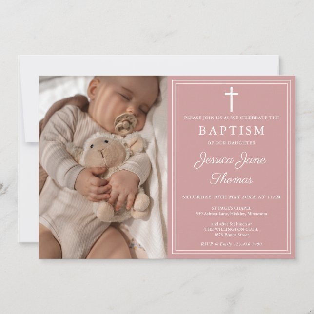 Convite Modern Elegant Dusty Rose Pink Photo Baptism (Frente)