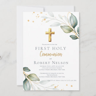 Convite Modern Elegant Eucalyptus Gold First Communion 