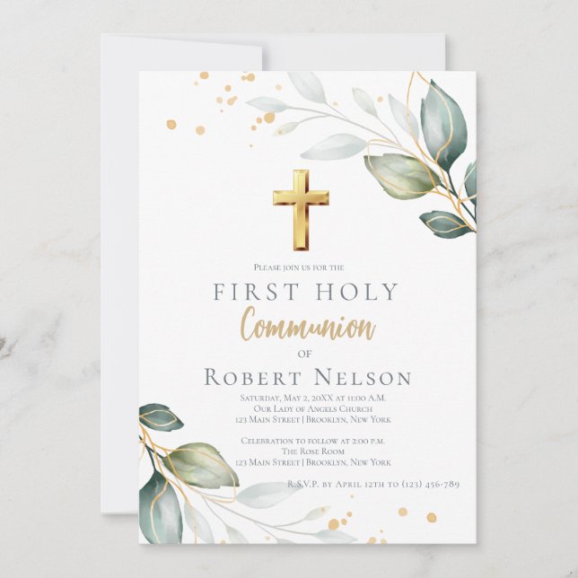 Convite Modern Elegant Eucalyptus Gold First Communion  (Frente)