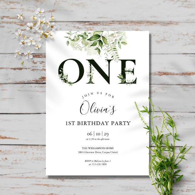 Convite Modern Elegant Floral Greenery 1st Birthday (Criador carregado)