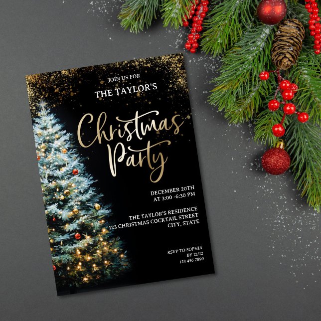 Convite Modern Elegant Glitter Christmas Tree Party (watercolor christmas tree with black background gold details party invitation)