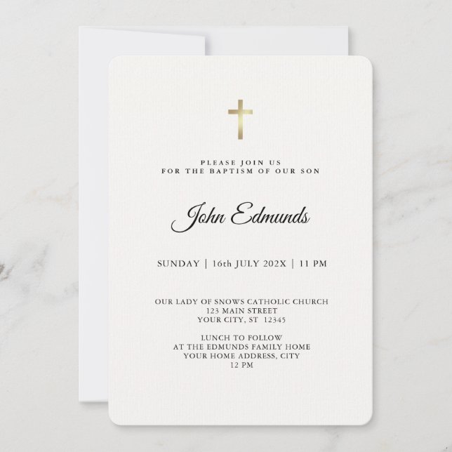 Convite Modern Elegant Gold & Black Calligraphy Baptism  (Frente)