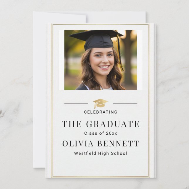 Convite Modern Elegant Gold Border Photo Graduation (Frente)