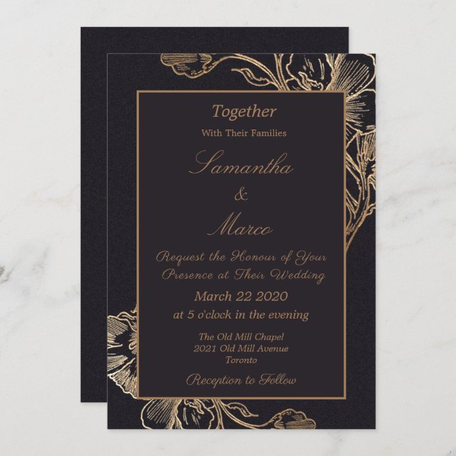 Convite Modern Elegant Gold Faux Metal Floral Wedding (Frente/Verso)