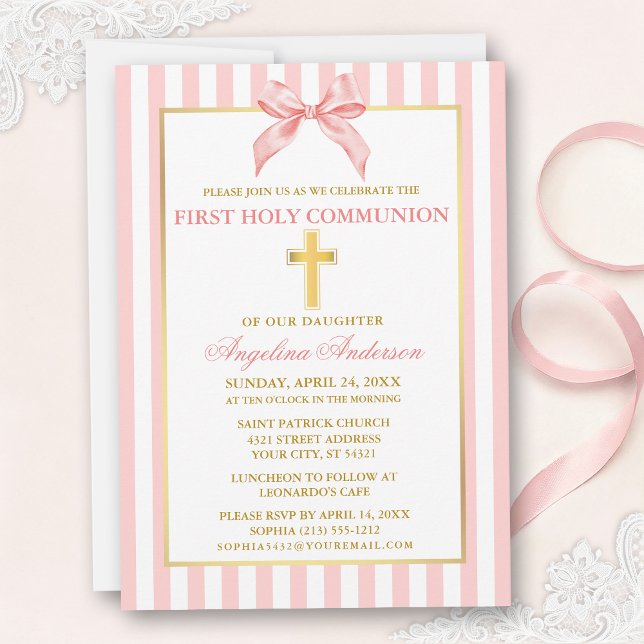 Convite Modern Elegant Pink Blush Striped Communion (Customize to change text color, text size or style.)