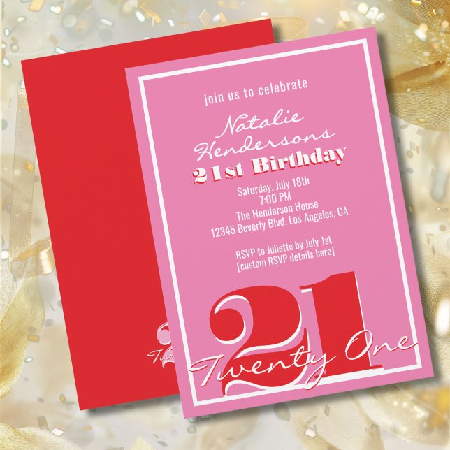 Convite Modern Elegant Pink Red Retro 21st Birthday  (Criador carregado)