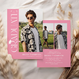 Convite Modern Elegant Pink & White 3 Photo Graduation