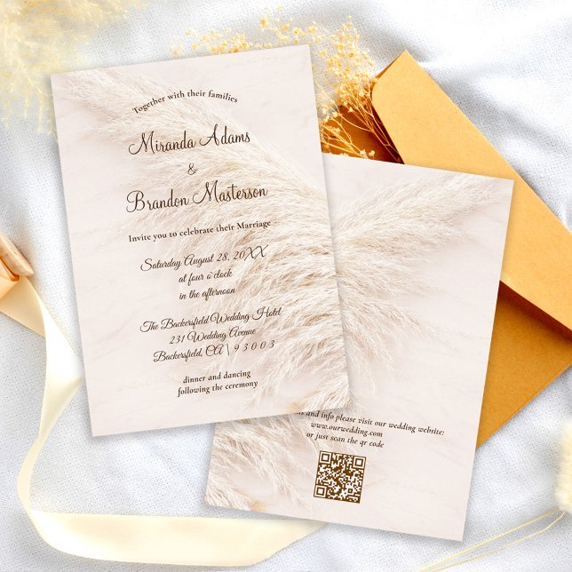 Convite Modern Elegant QR Code Pampas Grass Boho Wedding (Criador carregado)