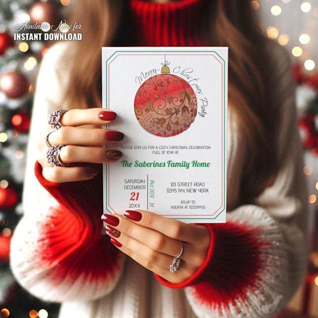 Convite Modern Elegant Red Christmas Doodle Ornament  (Criador carregado)