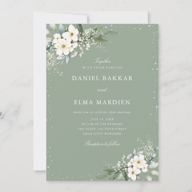 Convite Modern Elegant Sage Green Boho Floral Wedding  (Frente)
