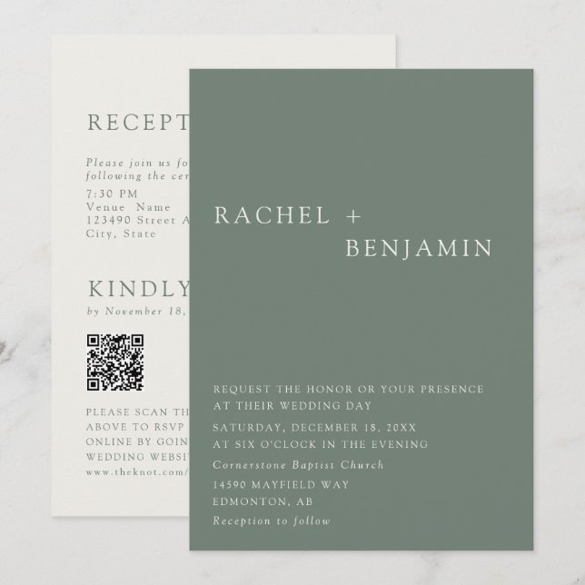 Convite Modern Elegant Sage Green Wedding 2 Sided QR Code (Frente/Verso)