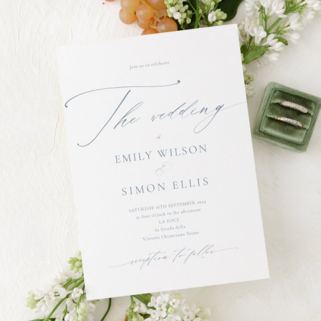 Convite Modern Elegant Script Dusty Blue Wedding (dusty blue dainty script wedding invitation, elegant blue wedding invite, simple modern minimalist)