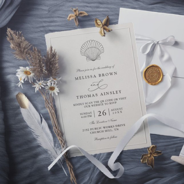 Convite Modern Elegant Shell Beach Ocean QR Code Wedding (Criador carregado)