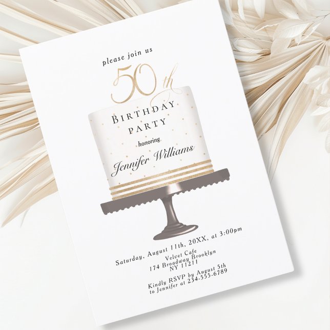 Convite Modern, elegante  50. Geburtstag (Modern, elegant, luxury, white & gold, 50. birthday invitation with cake illustration.)