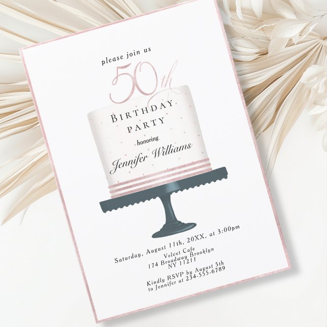 Convite Modern, elegante  50. Geburtstag (Modern, elegant, luxury, white & pink, 50. birthday invitation with cake illustration.)