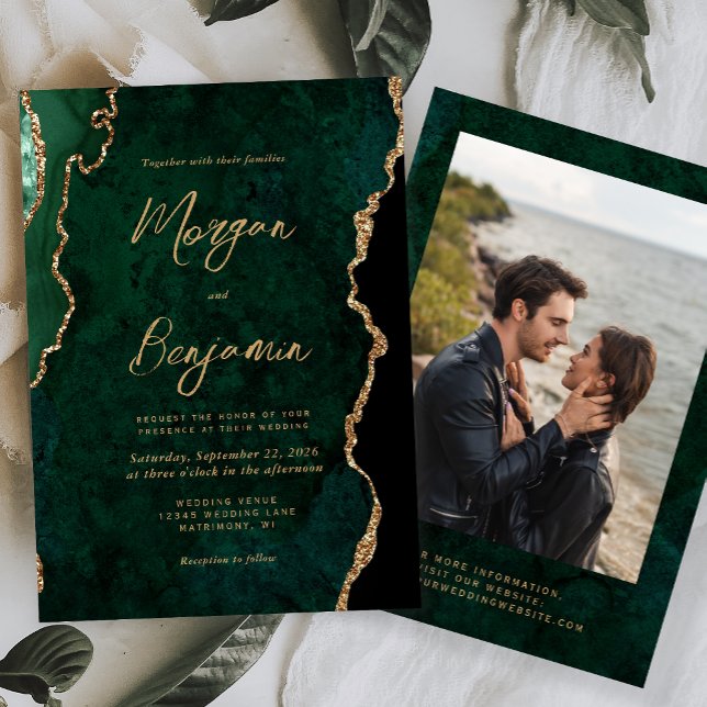 Convite Modern Emerald Green Agate Script Photo Wedding (Criador carregado)