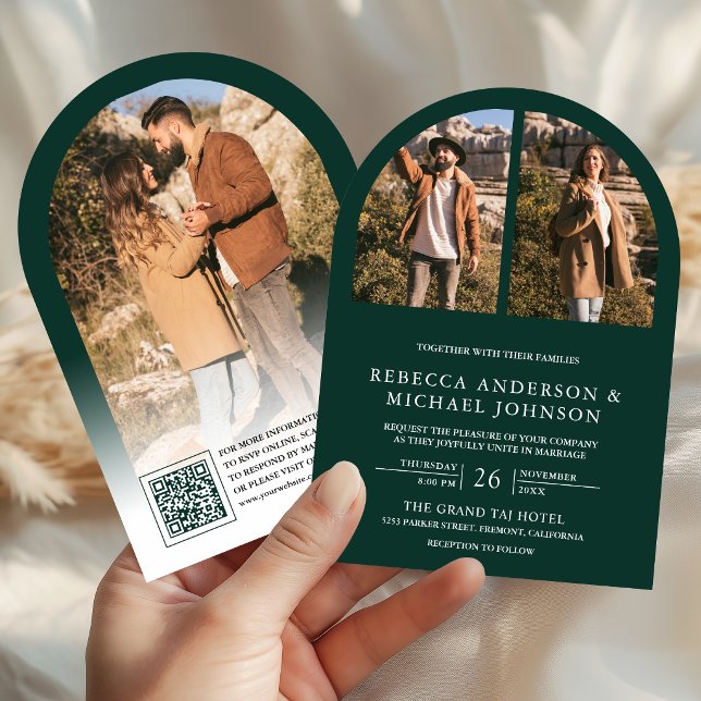 Convite Modern Emerald Green Arch Photo QR Code Wedding (Criador carregado)