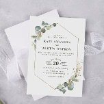 Convite modern eucalyptus frame wedding<br><div class="desc">greenery theme with watercolor eucalyptus foliage and a modern gold geometric frame. The text and colors can be personalized to match your wedding theme.</div>
