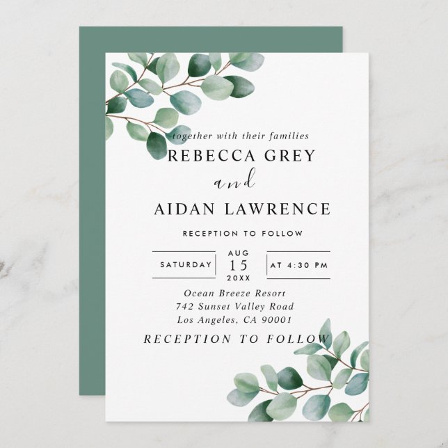 Convite Modern Eucalyptus Greenery Wedding (Frente/Verso)