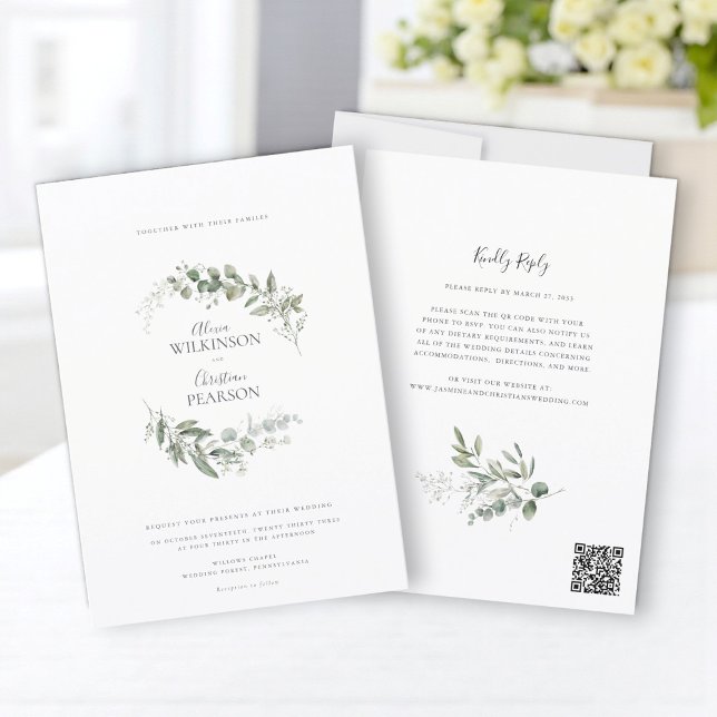 Convite Modern Eucalyptus Greenery Wedding QR Code RSVP (Criador carregado)