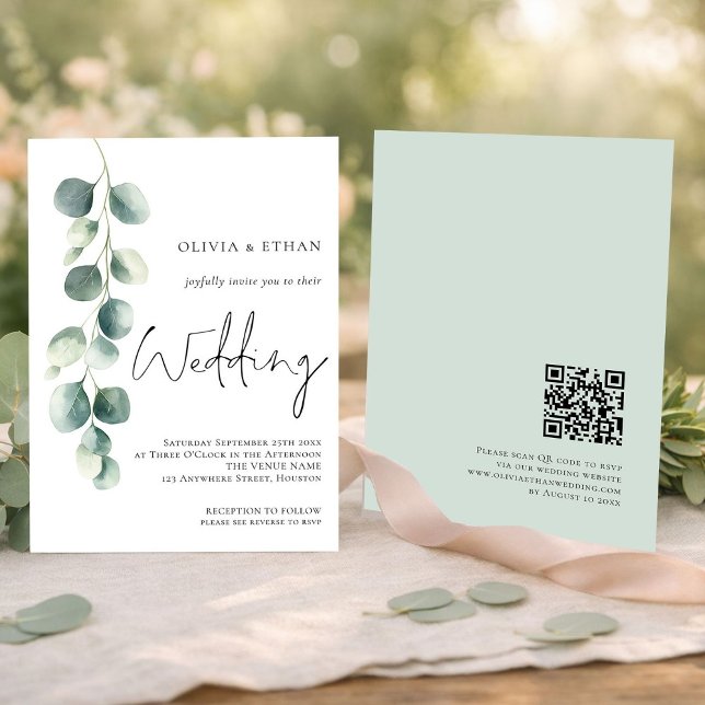 Convite Modern Eucalyptus Script QR code Sage Wedding (Front and back view)