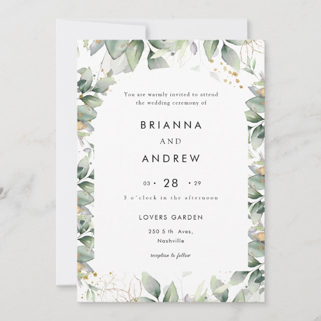 Convite Modern Eucalyptus Wedding Invitation Einladung (Frente)