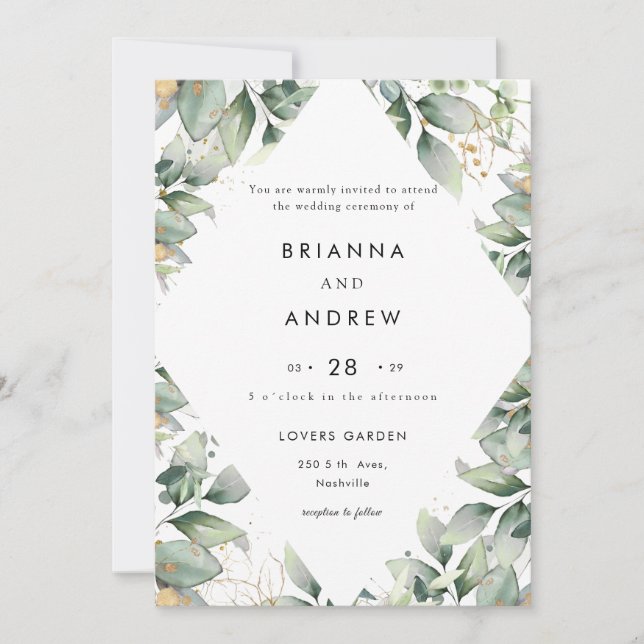 Convite Modern Eucalyptus Wedding Invitation Einladung (Frente)