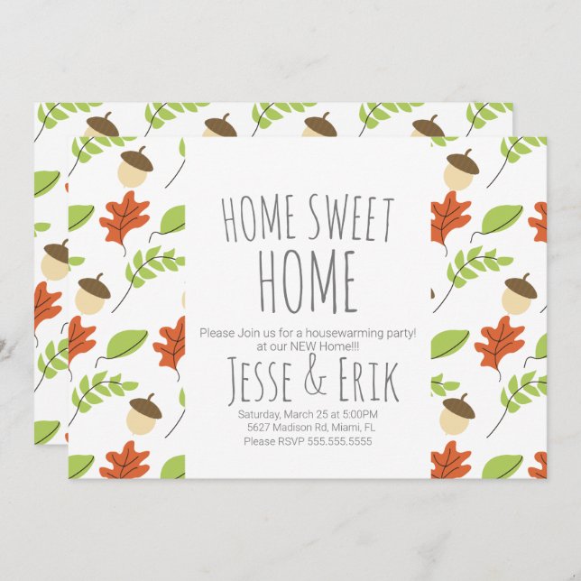 Convite Modern Fall Trees and Acorn Housearming Party (Frente/Verso)