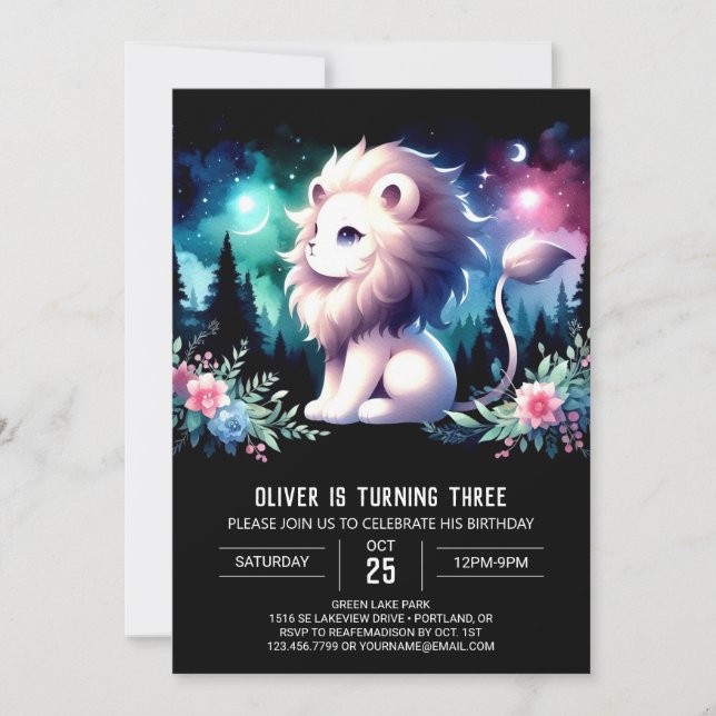 Convite Modern Fantasy Lion Birthday (Frente)