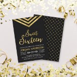 Convite Modern Faux Dourado Chevron Sweet 16 Aniversário<br><div class="desc">Moderno Sweet 16 Aniversário, com um cavaleiro geométrico elegante e a palavra "Doce Dezesseis" em ouro falso contra fundo negro. A placa inclui um padrão correspondente do lado traseiro. Veja os itens correspondentes aqui http://www.zazzle.com/collections/modern_faux_gold_chevron_celebration_collection-119531050277382712?rf=238364477188679314 Personalize-o substituindo o texto do marcador de posição para adicionar suas informações. Para obter mais opções,...</div>
