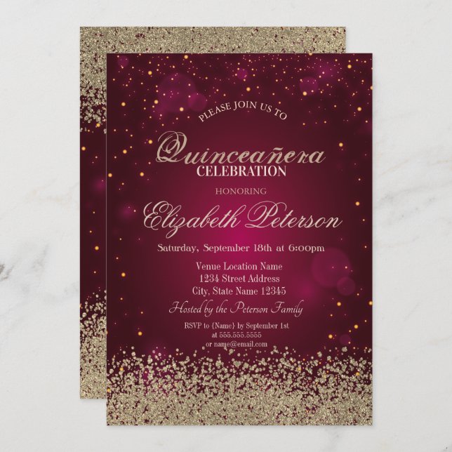 Convite Modern Faux Dourado Diamantes Confetti Red Quincea (Frente/Verso)