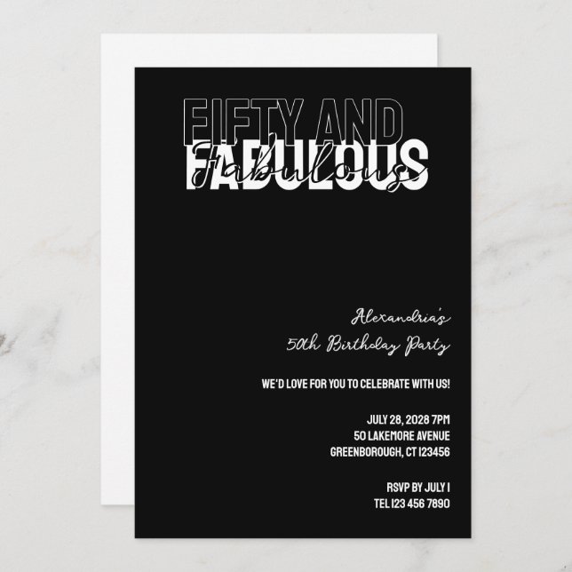 Convite Modern Fifty and Fabulous 50th Birthday Party (Frente/Verso)