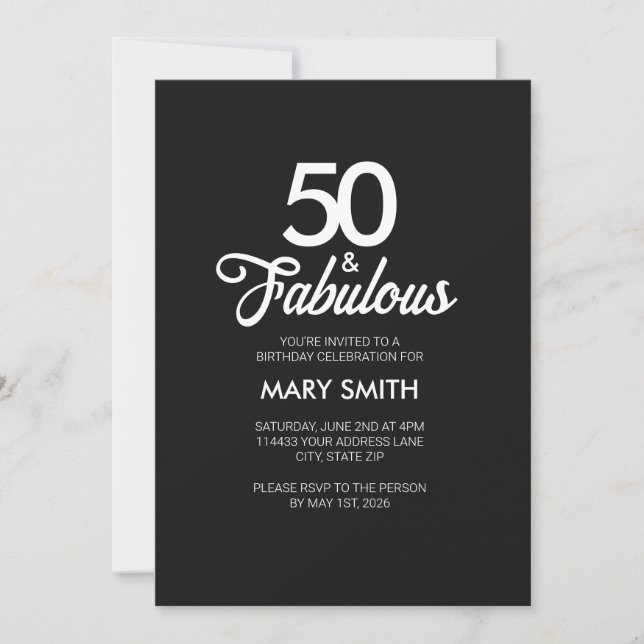 Convite Modern Fifty and Fabulous Black 50th Birthday (Frente)