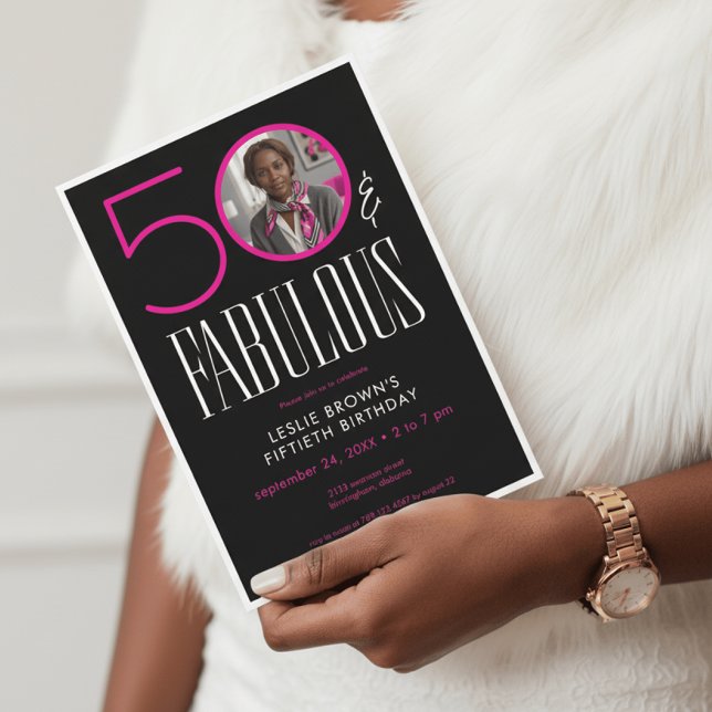Convite Modern Fifty Fabulous Pink White Photo Birthday (Criador carregado)