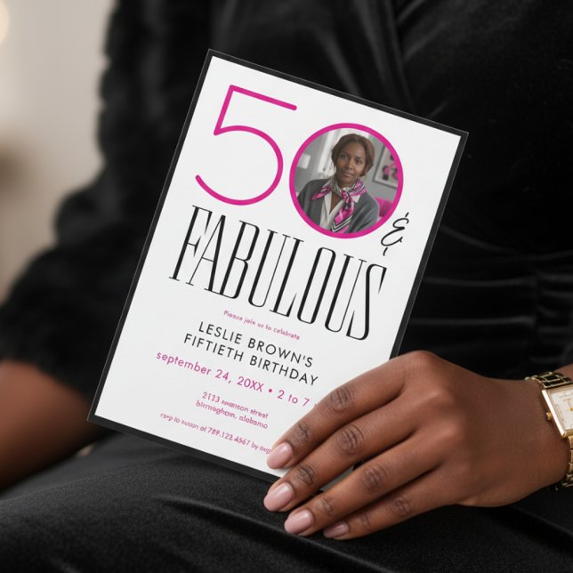 Convite Modern Fifty Fabulous Pink White Photo Birthday (Criador carregado)