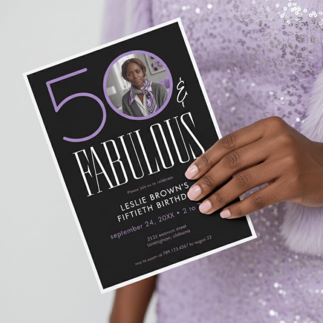 Convite Modern Fifty Fabulous Purple White Photo Birthday (Criador carregado)