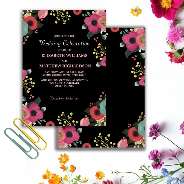 Convite Modern Floral Black | Pink | Teal Wedding (Criador carregado)