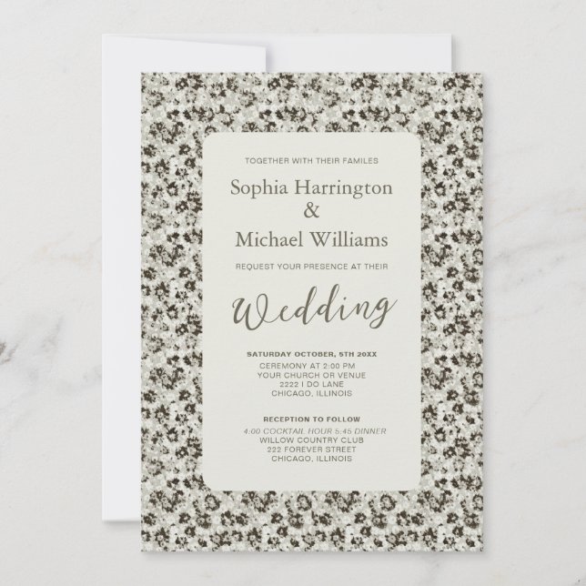 Convite Modern Floral Black & White Wedding Invite QR Code (Frente)