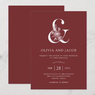 Convite Modern Floral   Burgundy Ampersand Wedding