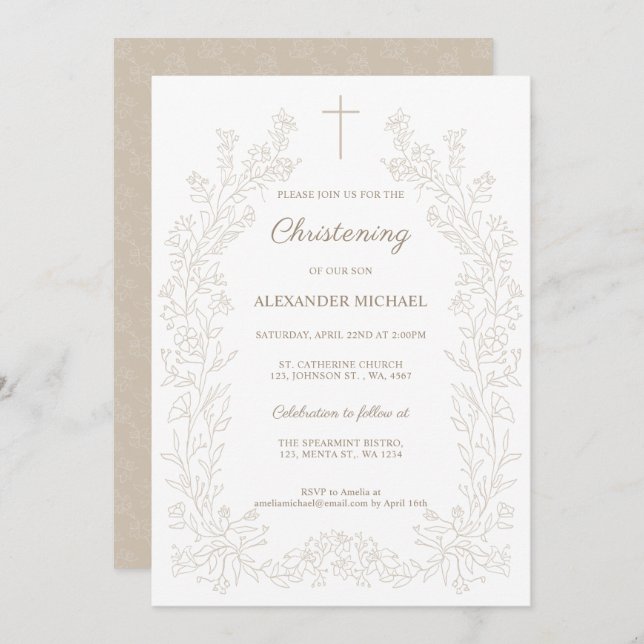 Convite Modern Floral Cross Christening Baptism (Frente/Verso)