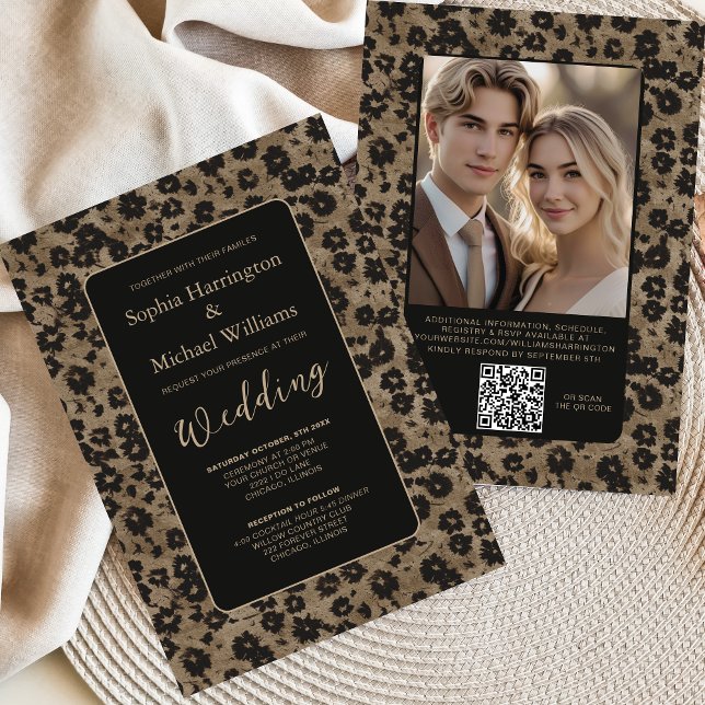 Convite Modern Floral Elegant Black Wedding Invite QR Code (Criador carregado)